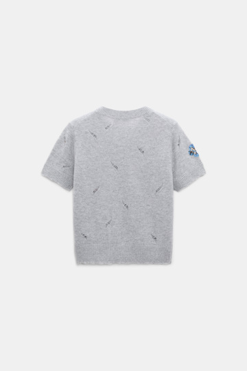 Dorothee Schumacher Kurzärmeliges, besticktes Oberteil aus Merino und Kaschmir grey blooming blue
