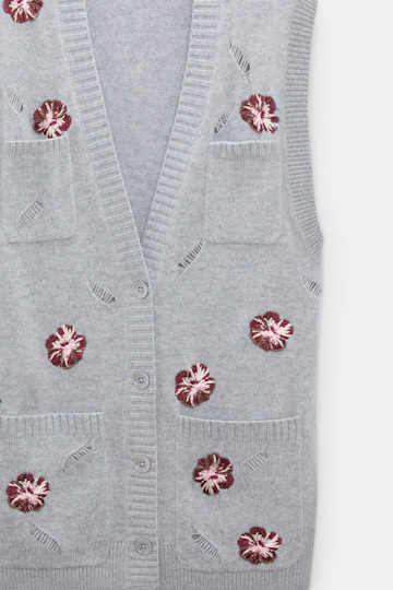 Dorothee Schumacher Besticktes Gilet mit V-Ausschnitt aus Merino und Kaschmir grey blooming bordeaux