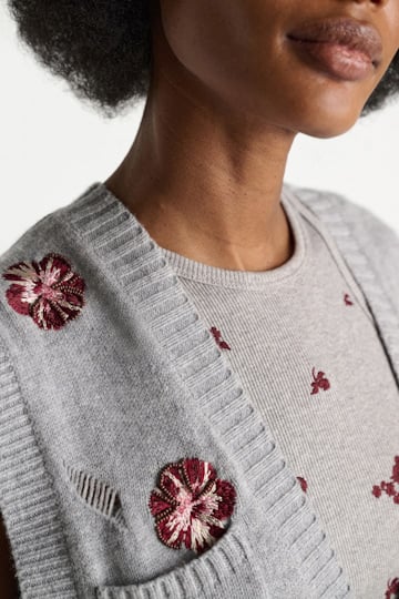 Dorothee Schumacher Besticktes Gilet mit V-Ausschnitt aus Merino und Kaschmir grey blooming bordeaux