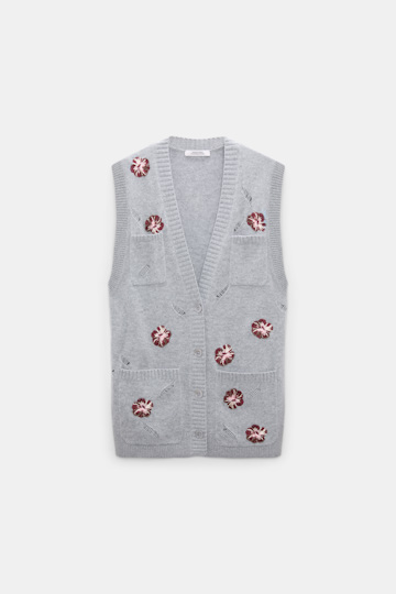 Dorothee Schumacher Besticktes Gilet mit V-Ausschnitt aus Merino und Kaschmir grey blooming bordeaux