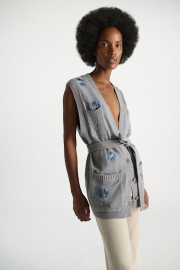 Dorothee Schumacher Besticktes Gilet mit V-Ausschnitt aus Merino und Kaschmir grey blooming blue