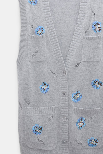 Dorothee Schumacher Besticktes Gilet mit V-Ausschnitt aus Merino und Kaschmir grey blooming blue