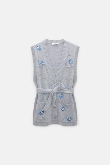 Dorothee Schumacher Besticktes Gilet mit V-Ausschnitt aus Merino und Kaschmir grey blooming blue