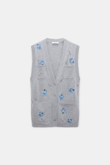 Dorothee Schumacher Besticktes Gilet mit V-Ausschnitt aus Merino und Kaschmir grey blooming blue
