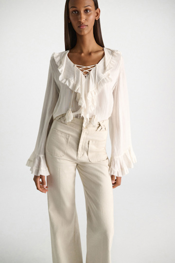 Dorothee Schumacher Bohemian Bluse aus gestreifter Seide-Viskose camellia white