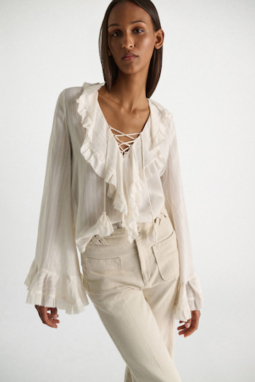 Dorothee Schumacher Bohemian Bluse aus gestreifter Seide-Viskose camellia white