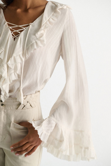 Dorothee Schumacher Bohemian Bluse aus gestreifter Seide-Viskose camellia white
