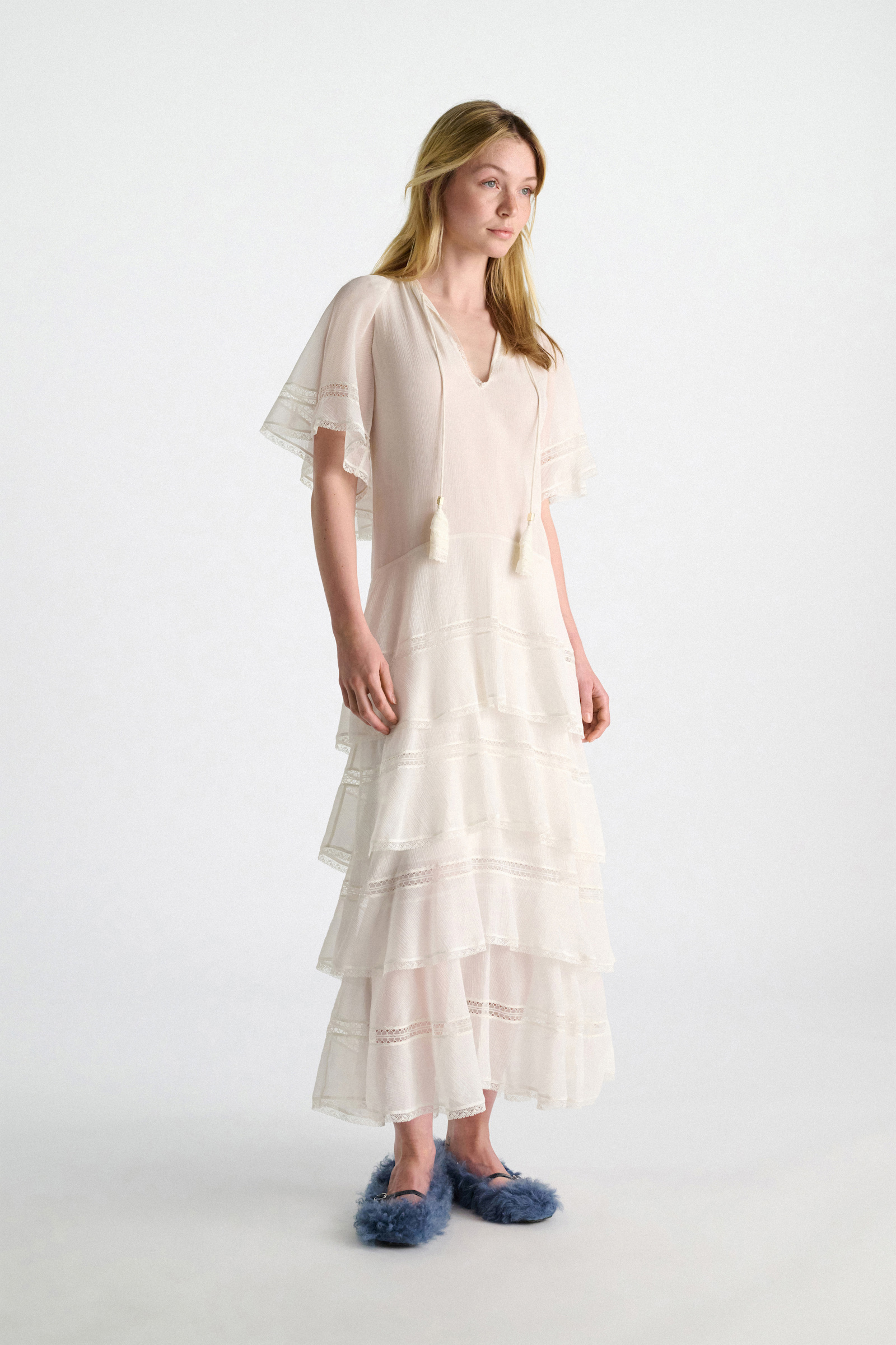 Dorothee Schumacher Tiered dress in cotton-silk crinkle georgette orchid white