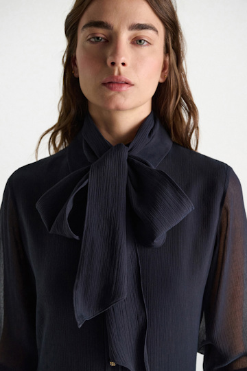 Dorothee Schumacher Long shirtdress and scarf set in cotton-silk crinkle georgette dark navy