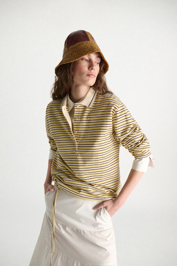 Dorothee Schumacher Crinkle patent leather and crochet bucket hat patched raffia
