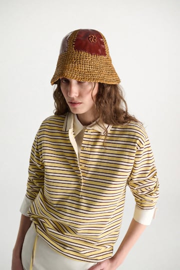 Dorothee Schumacher Crinkle patent leather and crochet bucket hat patched raffia