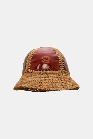 Dorothee Schumacher Crinkle patent leather and crochet bucket hat patched raffia