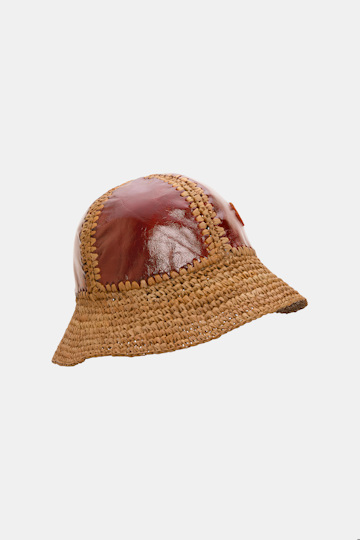 Dorothee Schumacher Crinkle patent leather and crochet bucket hat patched raffia