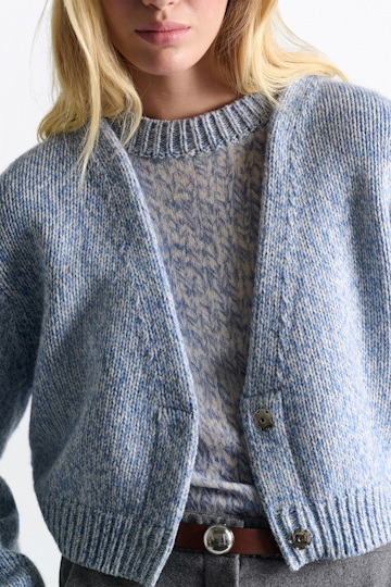 Dorothee Schumacher Merino-cashmere cardigan blue mouliné Model Detail View