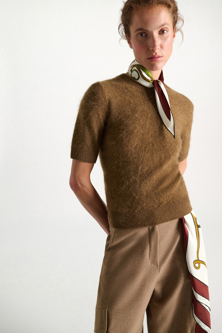 Dorothee Schumacher Pullover mit kurzen Ärmeln aus Merino und Kaschmir porcini Model Detail View