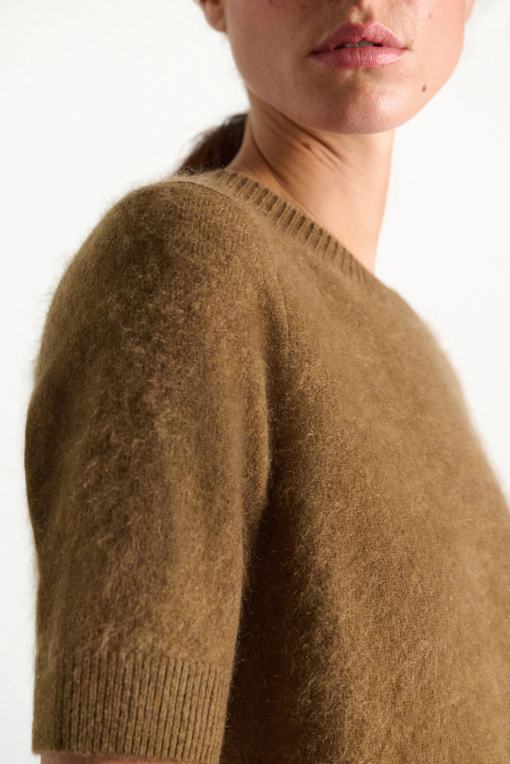 Dorothee Schumacher Pullover mit kurzen Ärmeln aus Merino und Kaschmir porcini Model Detail View