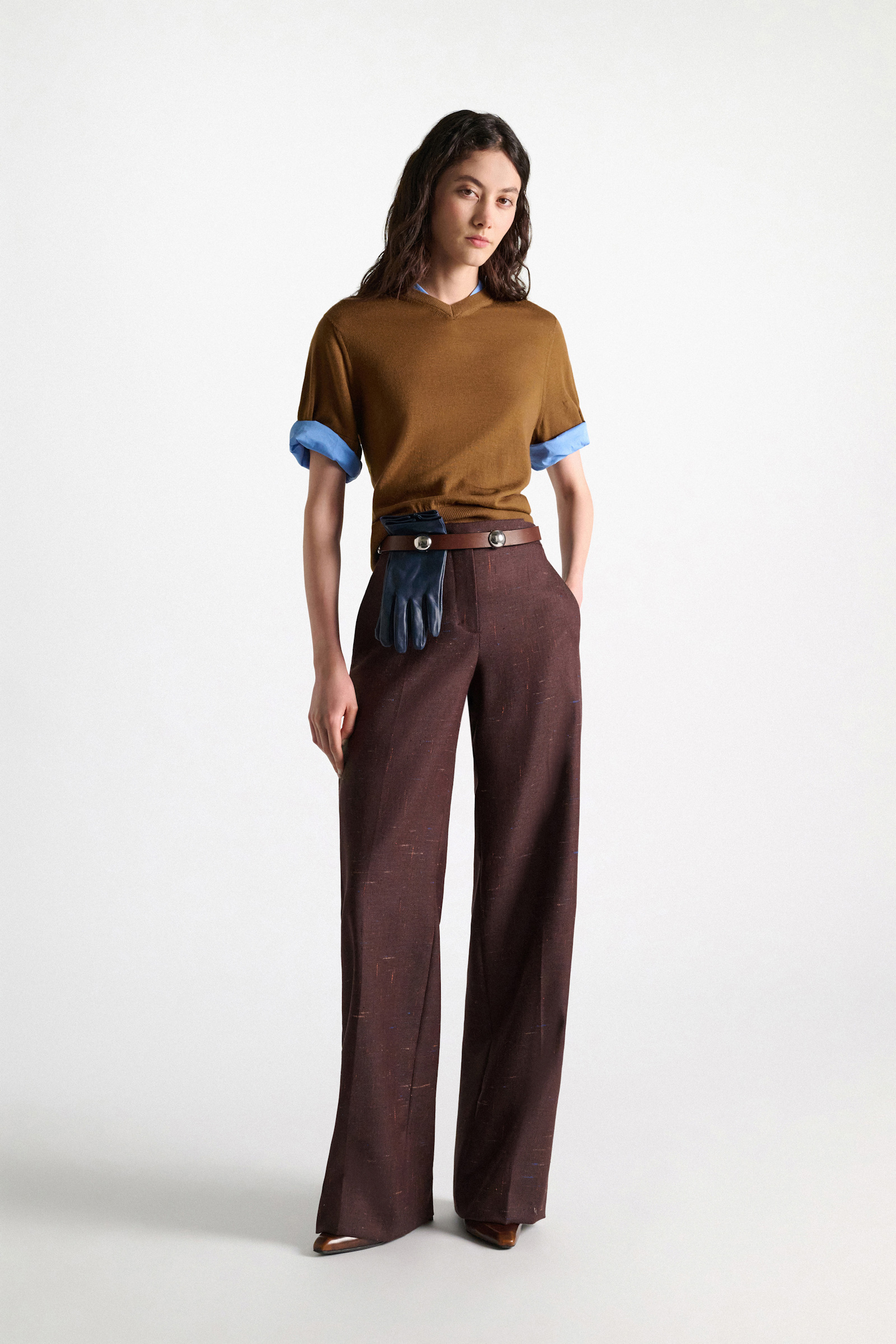 Dorothee Schumacher Extra fine Merino short sleeve layered top forest honey patch Model Front View