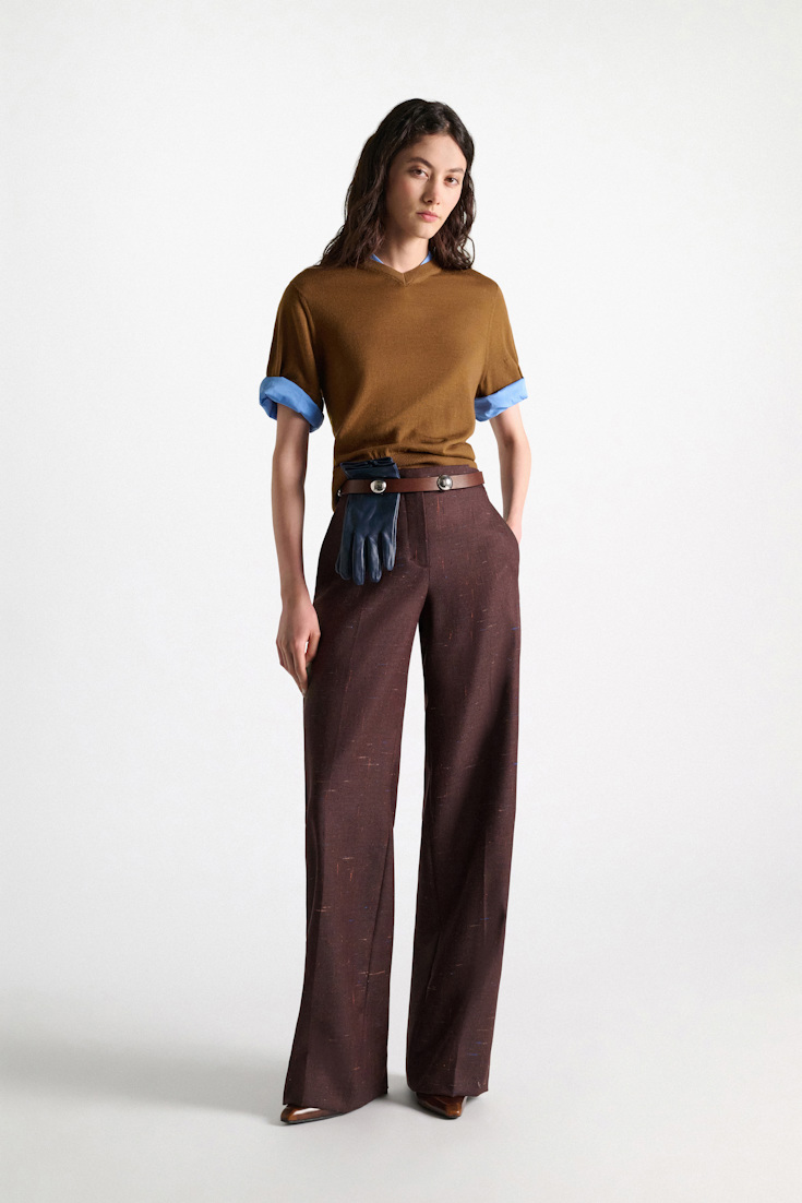 Dorothee Schumacher Extra fine Merino short sleeve layered top forest honey patch Model Front View