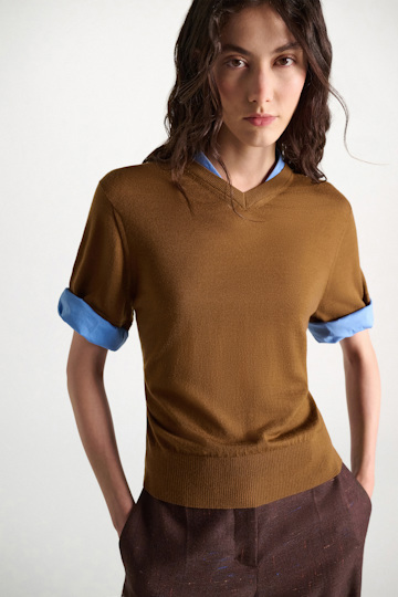 Dorothee Schumacher Extra fine Merino short sleeve layered top forest honey patch Model Detail View