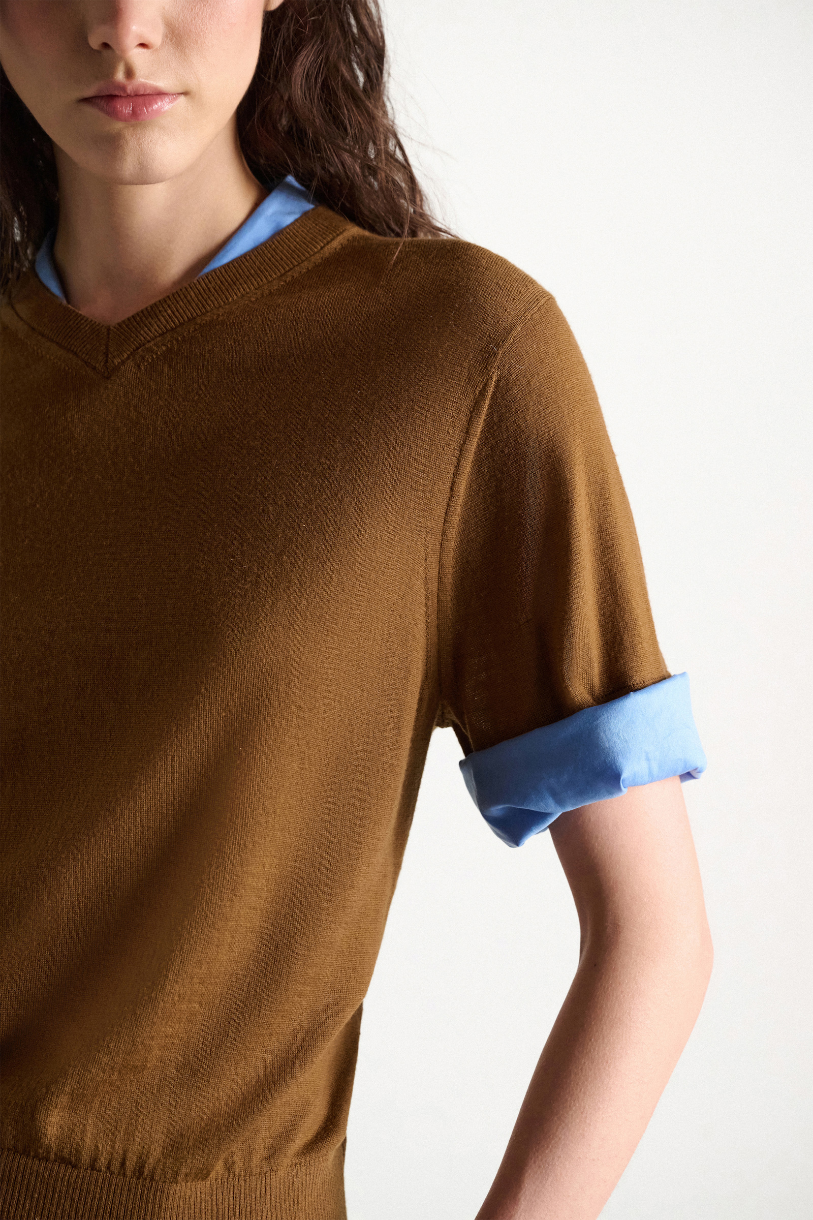 Dorothee Schumacher Extra fine Merino short sleeve layered top forest honey patch Model Detail View