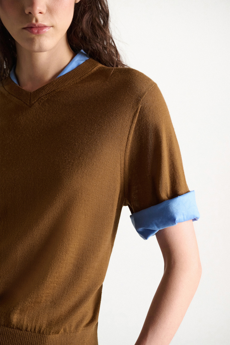 Dorothee Schumacher Extra fine Merino short sleeve layered top forest honey patch Model Detail View