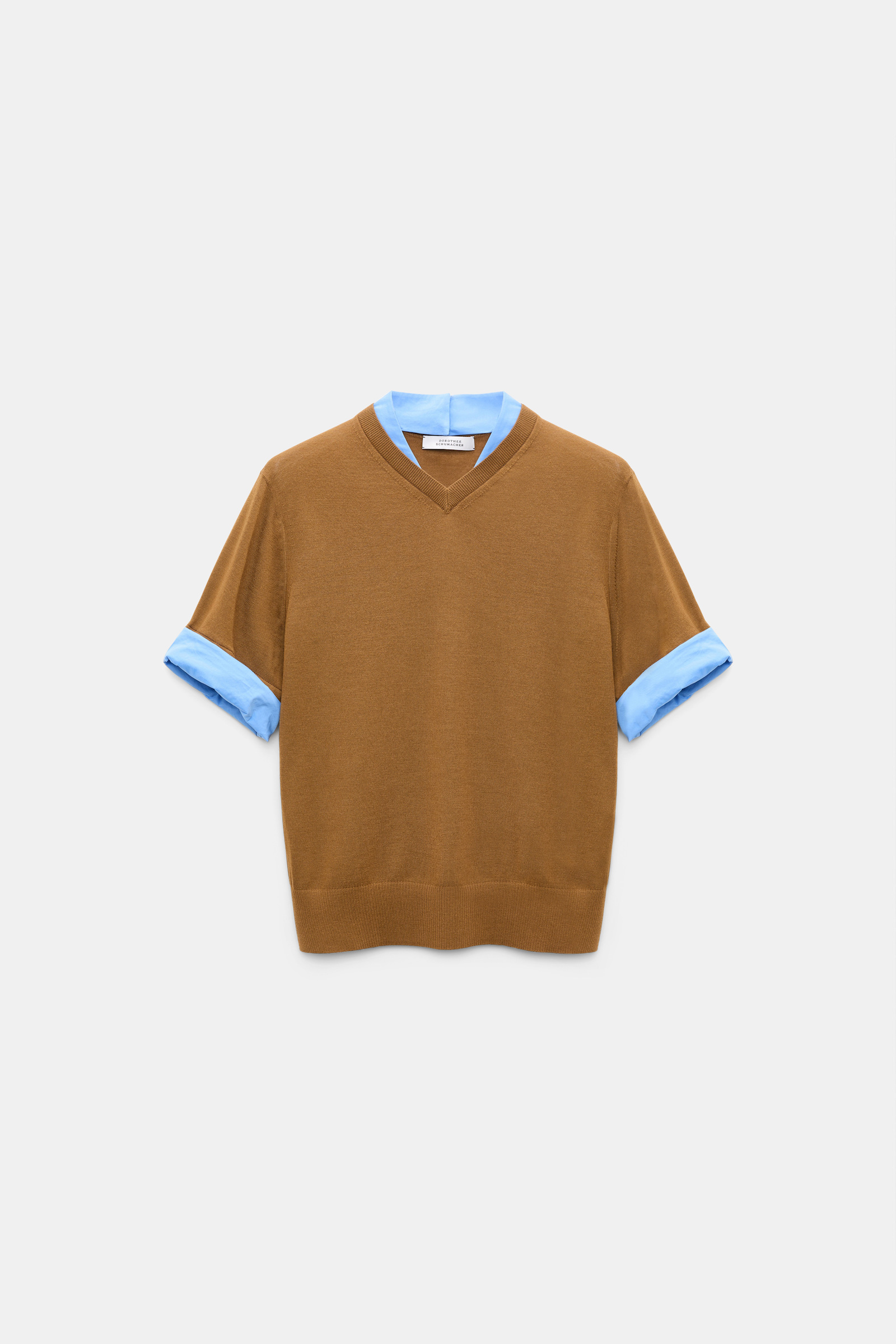 Dorothee Schumacher Extra fine Merino short sleeve layered top forest honey patch Product Front View