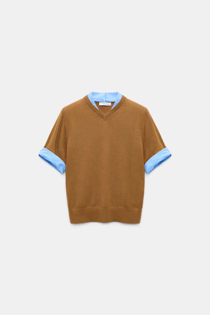 Dorothee Schumacher Extra fine Merino short sleeve layered top forest honey patch Product Front View