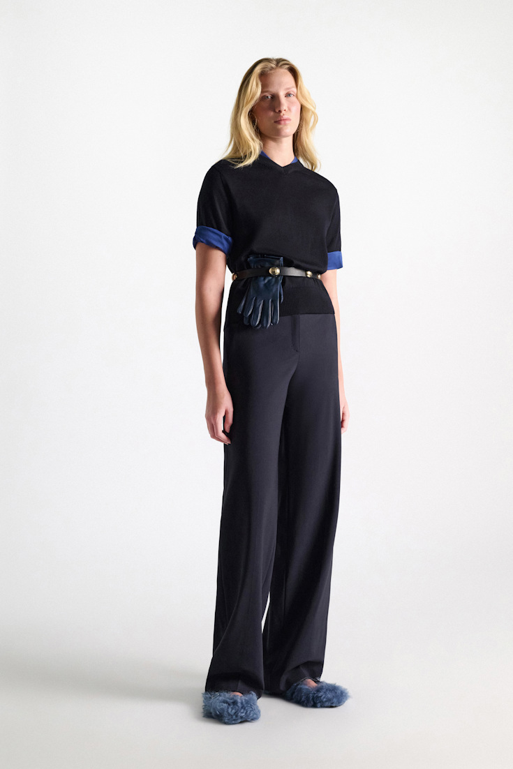Dorothee Schumacher Extra fine Merino short sleeve layered top ink and midnight Model Front View