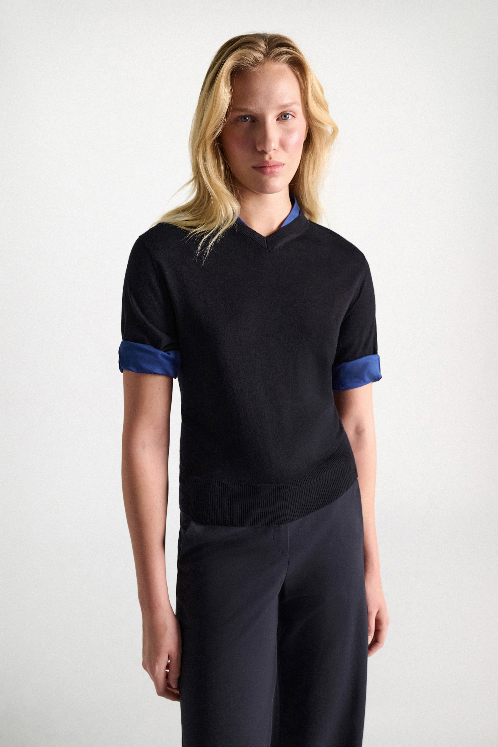 Dorothee Schumacher Extra fine Merino short sleeve layered top ink and midnight Model Detail View