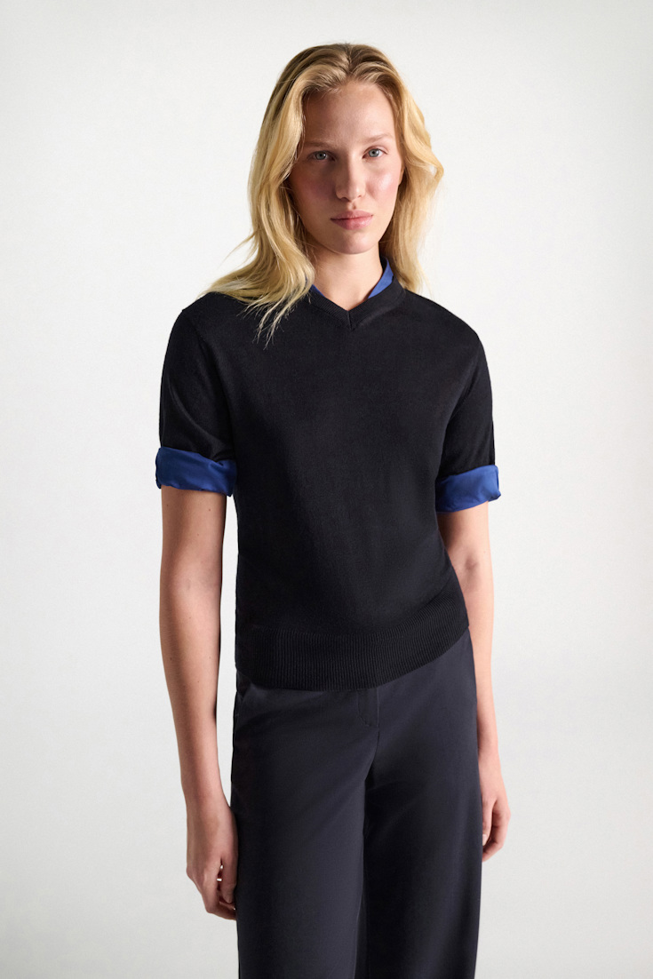 Dorothee Schumacher Extra fine Merino short sleeve layered top ink and midnight Model Detail View