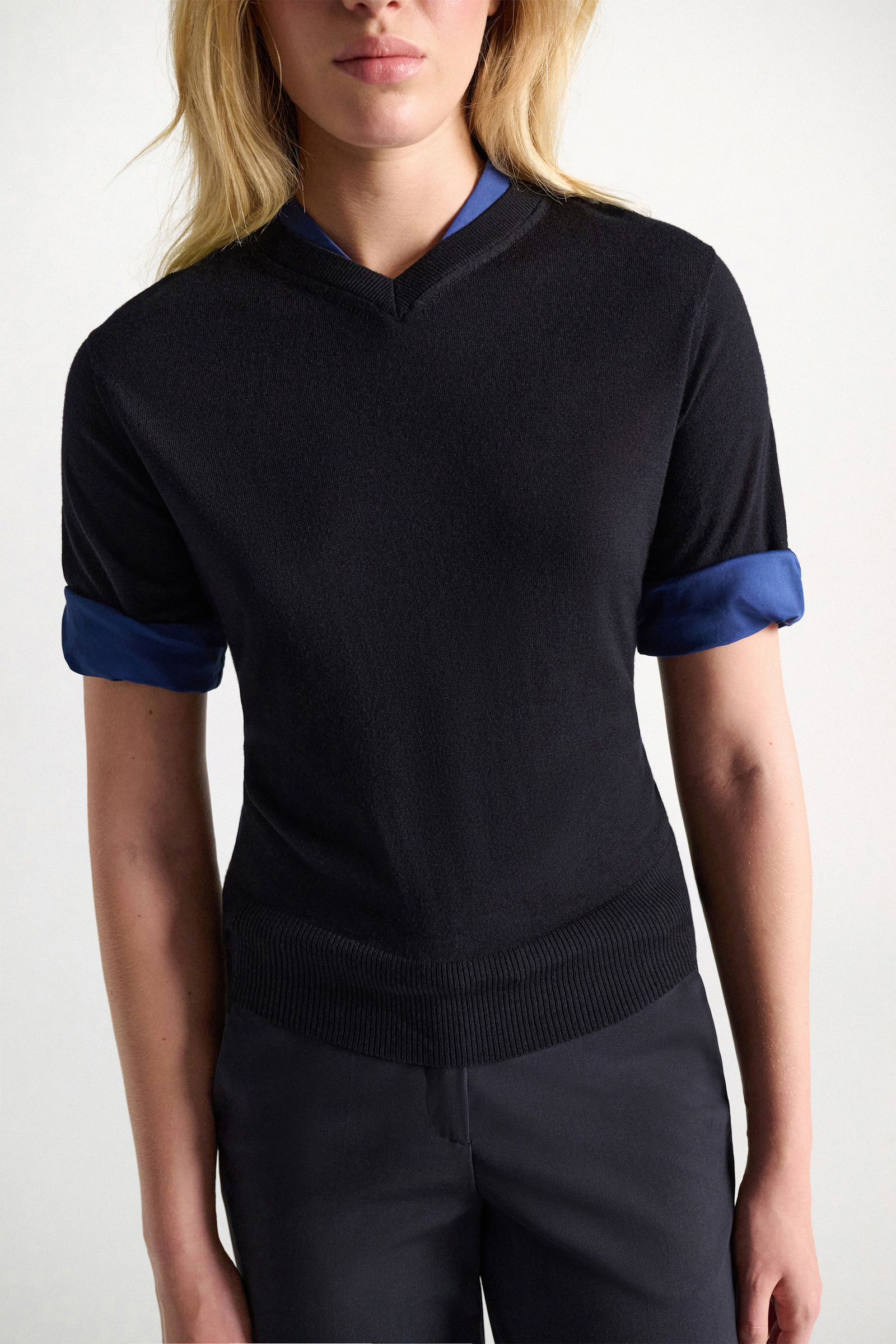 Dorothee Schumacher Extra fine Merino short sleeve layered top ink and midnight Model Detail View