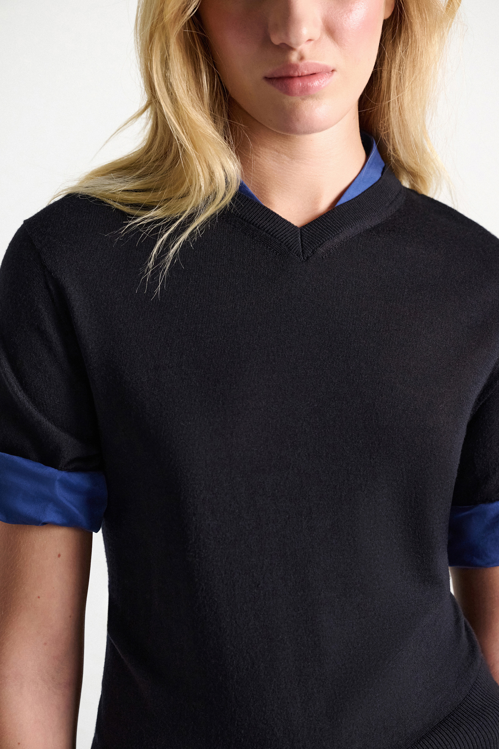 Dorothee Schumacher Extra fine Merino short sleeve layered top ink and midnight Model Detail View