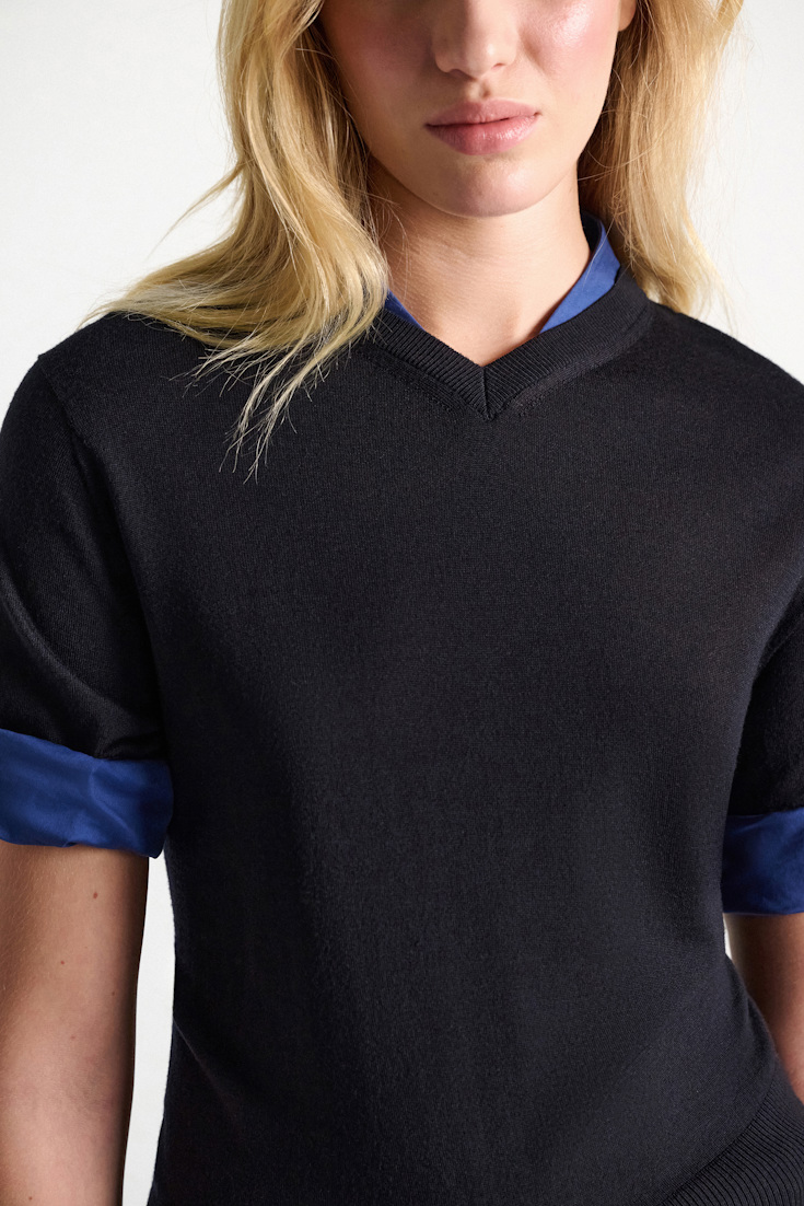 Dorothee Schumacher Extra fine Merino short sleeve layered top ink and midnight Model Detail View