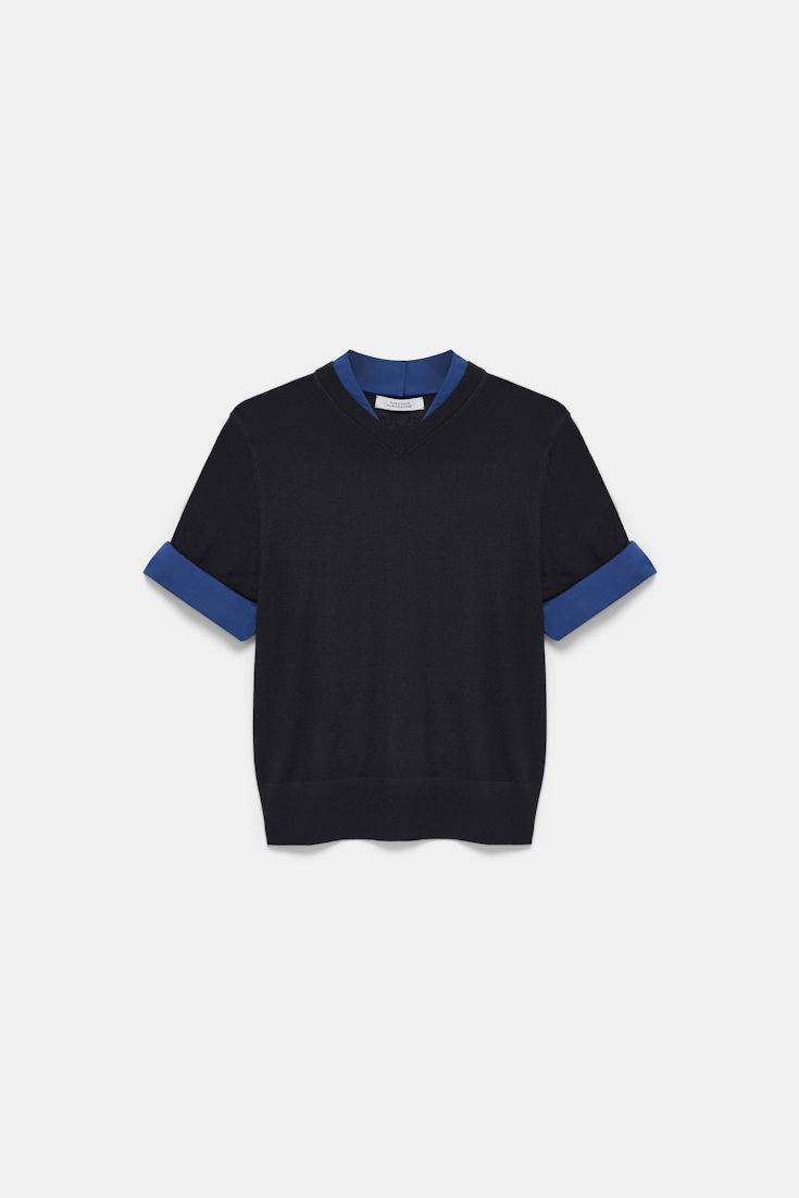 Dorothee Schumacher Extra fine Merino short sleeve layered top ink and midnight Product Front View
