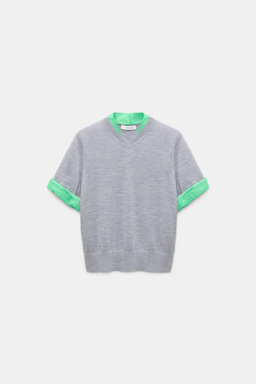 Dorothee Schumacher Extra fine Merino short sleeve layered top grey mel. patch