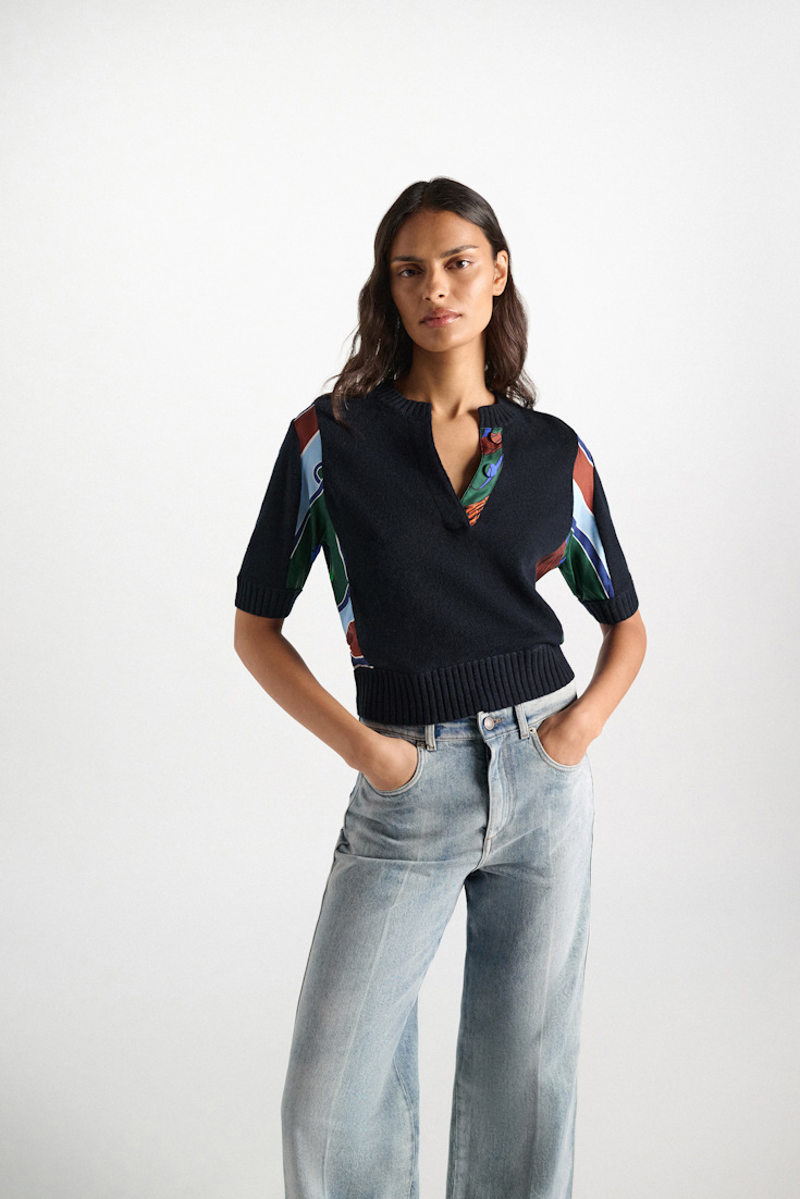 Dorothee Schumacher Pullover mit halbem Arm aus Merino und Kaschmir colorful ribbon scarf Model Detail View