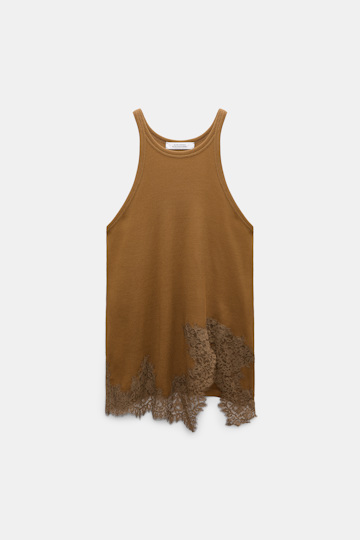 Dorothee Schumacher Rib knit cotton tank top with lace trim porcini Product Front View