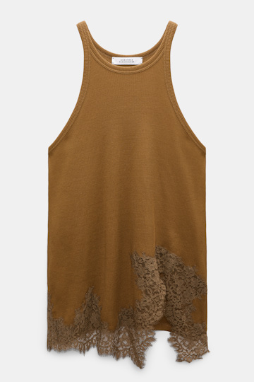 Dorothee Schumacher Rib knit cotton tank top with lace trim porcini Product Detail View