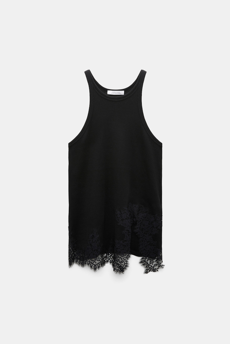 Dorothee Schumacher Rippentanktop mit Spitzeneinsatz aus Baumwolle black Product Front View