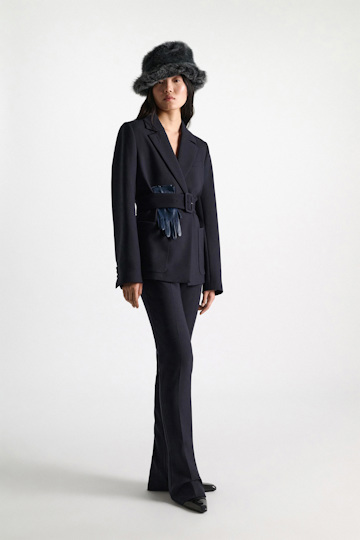 Dorothee Schumacher Belted blazer in virgin wool blend midnight navy Model Front View