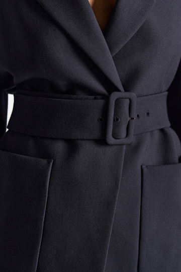 Dorothee Schumacher Belted blazer in virgin wool blend midnight navy Model Detail View
