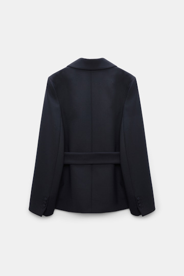 Dorothee Schumacher Belted blazer in virgin wool blend midnight navy Product Detail View