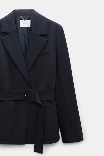 Dorothee Schumacher Belted blazer in virgin wool blend midnight navy Product Detail View