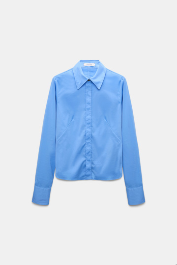 Dorothee Schumacher Slim-fit stretch poplin blouse with memory wire details sky blue Product Detail View