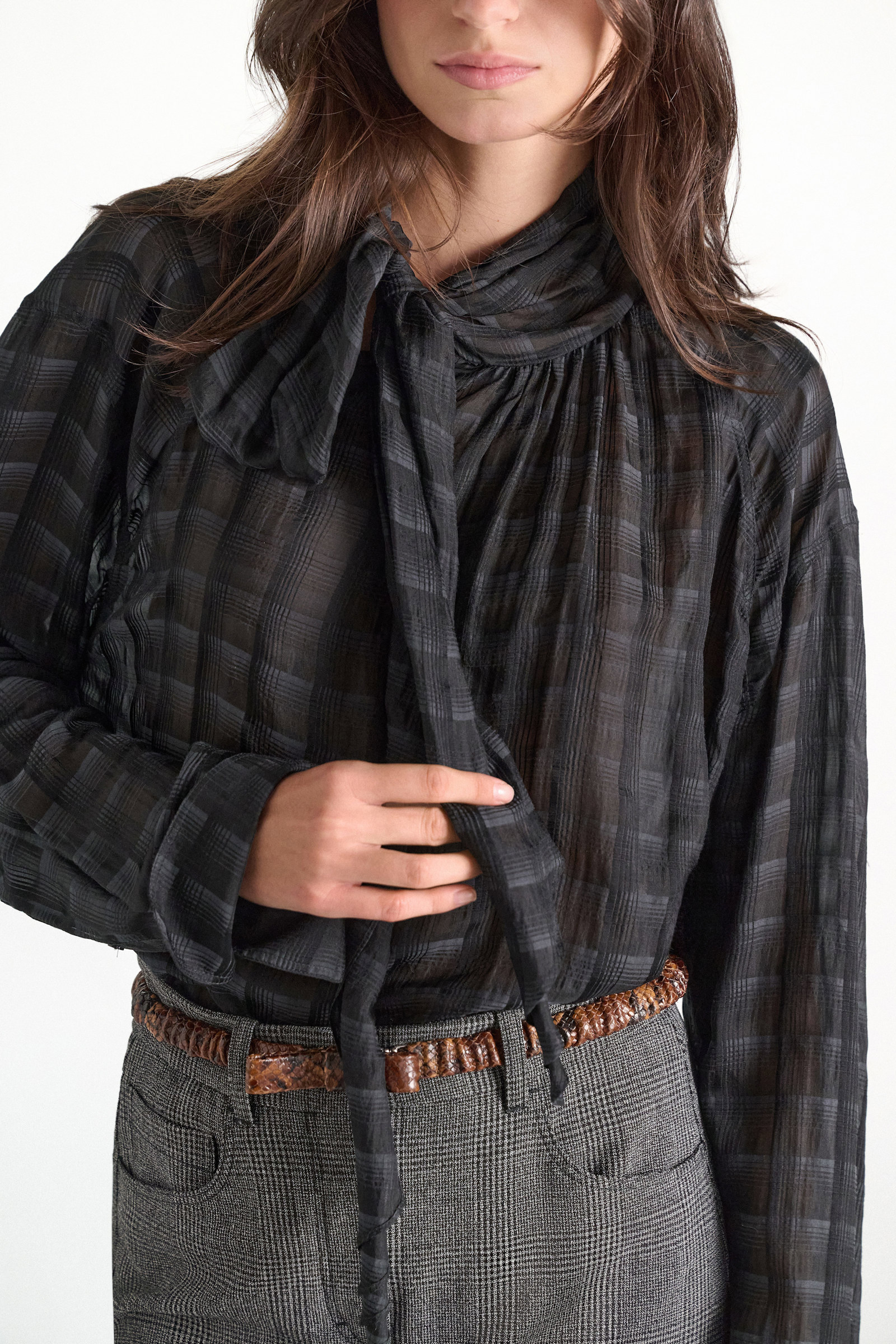 Dorothee Schumacher Karierte Bluse aus halbtransparenter Baumwoll-Seide smoked pearl Model Detail View