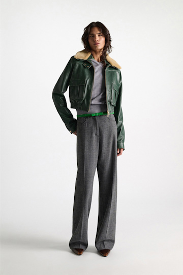 Dorothee Schumacher Leather bomber jacket deep green Model Front View