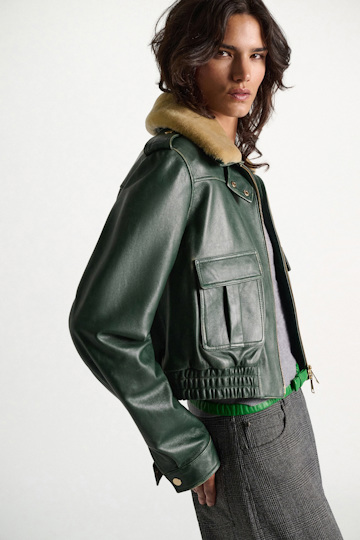 Dorothee Schumacher Leather bomber jacket deep green Model Detail View