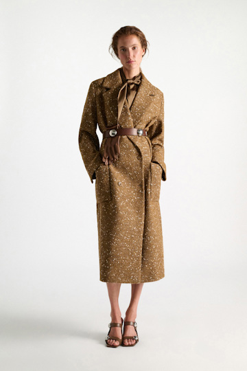 Dorothee Schumacher Bouclé herringbone tweed coat saffron tweed Model Front View