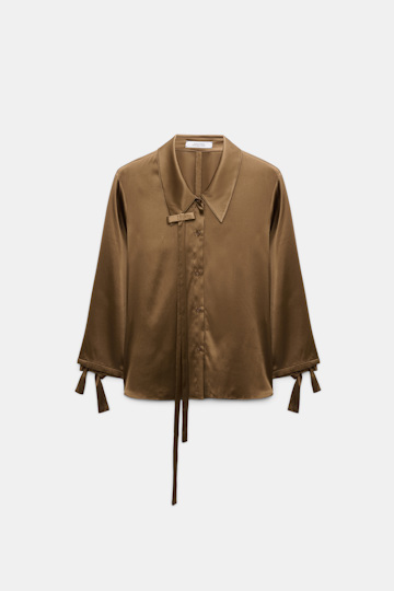 Dorothee Schumacher Slim satin blouse with ties porcini Product Front View