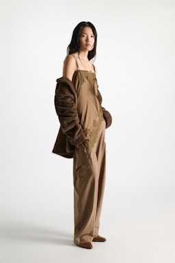 Dorothee Schumacher Satin camisole with diagonal lace hem porcini